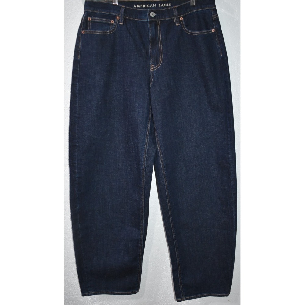 American Eagle Jeans Womens 10 LONG Blue Barrel High Rise Wide Leg Stretch